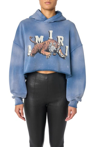 Shop Amiri Weathered Tiger Crop Graphic Hoodie In Blue-cotton Terry