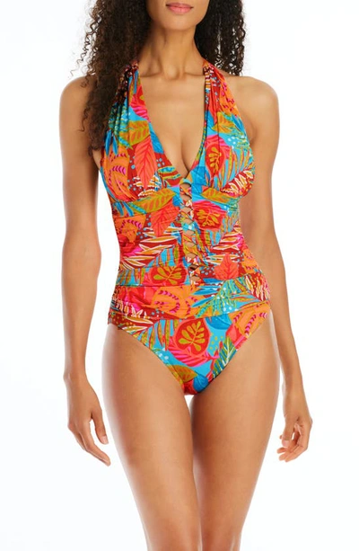 Shop Bleu By Rod Beattie The Heat Is On Halter Mio One-piece Swimsuit In Orange Multi
