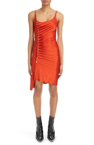 Shop Rabanne Ruched Asymmetric Side Snap Sleeveless Stretch Satin Dress In P823 Paprika