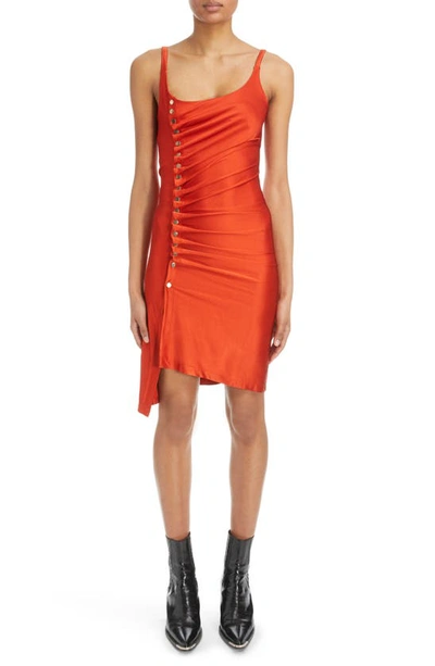 Shop Paco Rabanne Ruched Asymmetric Side Snap Sleeveless Stretch Satin Dress In P823 Paprika