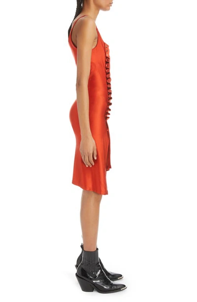 Shop Paco Rabanne Ruched Asymmetric Side Snap Sleeveless Stretch Satin Dress In P823 Paprika