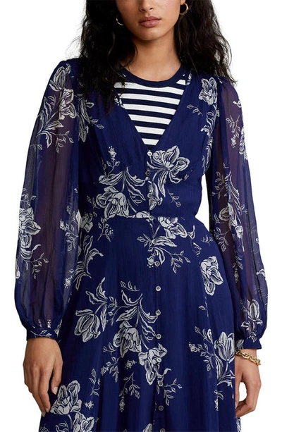 Shop Polo Ralph Lauren Skyler Floral Print Chiffon Midi Dress In Blue Riviera Print