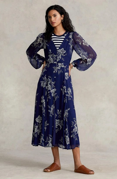 Shop Polo Ralph Lauren Skyler Floral Print Chiffon Midi Dress In Blue Riviera Print