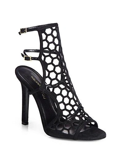 Shop Tamara Mellon Scandal  Honeycomb Suede & Patent Leather Sandals In Black