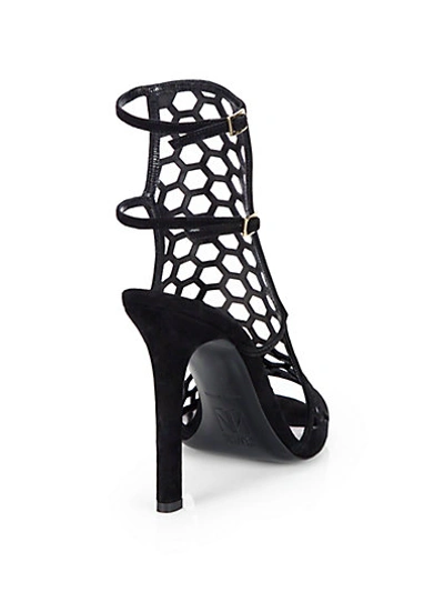 Shop Tamara Mellon Scandal  Honeycomb Suede & Patent Leather Sandals In Black