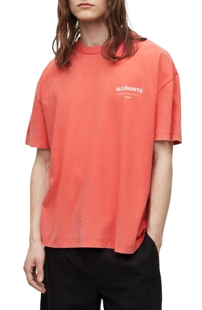Shop Allsaints Underground Oversize Organic Cotton Graphic T-shirt In Ruby Red/ Cala White