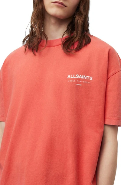 Shop Allsaints Underground Oversize Organic Cotton Graphic T-shirt In Ruby Red/ Cala White