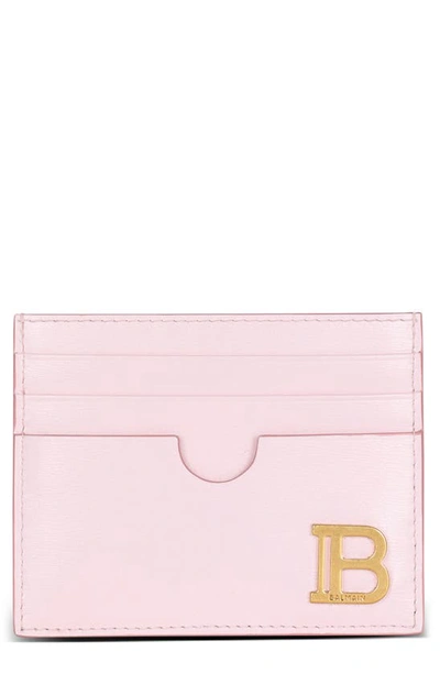 Shop Balmain B-buzz Calfskin Leather Card Case In 4ak Pale Pink