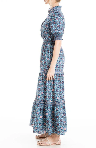 Shop Max Studio Ruffle Collar Print Tiered Maxi Dress In Royal Feathered Ovals