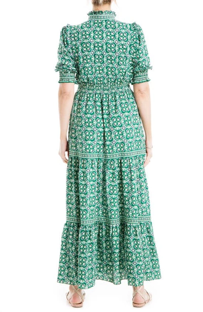 Shop Max Studio Ruffle Collar Print Tiered Maxi Dress In Green/ Cream Quilting Grid