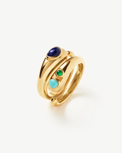 Shop Missoma Molten Gemstone Double Stacking Ring Set 18ct Gold Plated/chalcedony & Turquoise & Lapis Blue/gold
