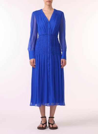 Shop Jason Wu Long Sleeve V-neck Chiffon Dress W/smocking Detail In Blue