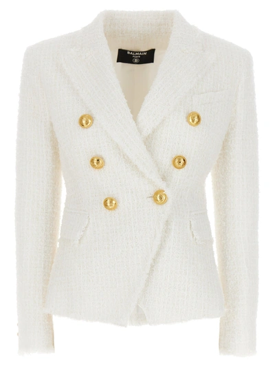 Shop Balmain Logo Button Tweed Blazer Jacket Jackets White