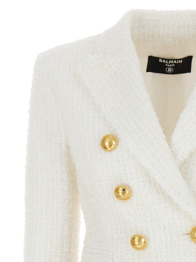 Shop Balmain Logo Button Tweed Blazer Jacket Jackets White