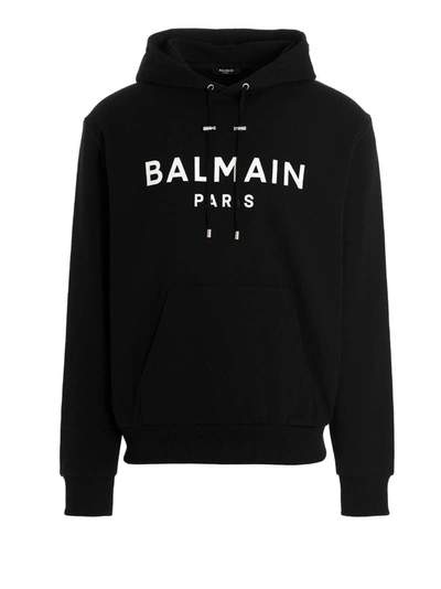 Shop Balmain Logo Print Hoodie Sweatshirt White/black