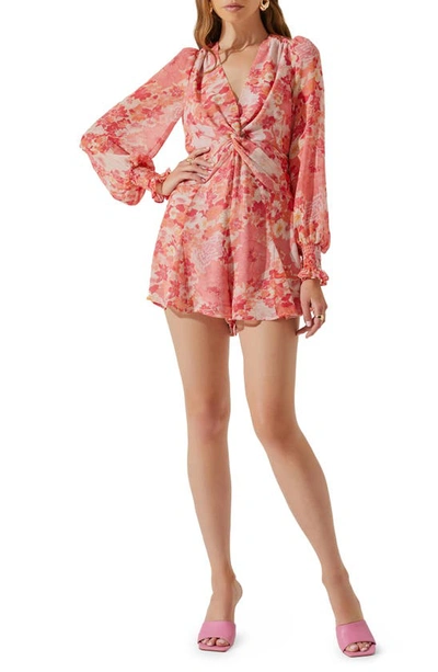 Shop Astr Floral Open Back Long Sleeve Chiffon Romper In Coral Red Floral