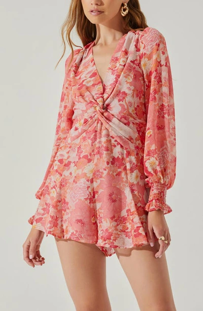 Shop Astr The Label Floral Open Back Long Sleeve Chiffon Romper In Coral Red Floral