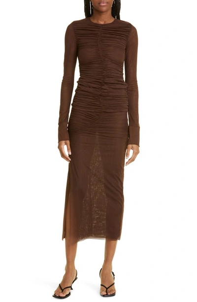 Shop Sir Jacques Ruched Mesh Skirt In Chocolate