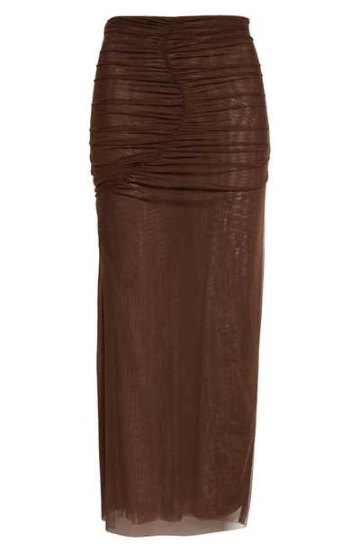 Shop Sir Jacques Ruched Mesh Skirt In Chocolate