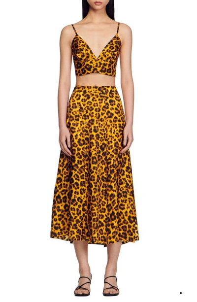 Shop Sandro Cannes Leopard Print Crop Top In Orange / Noir