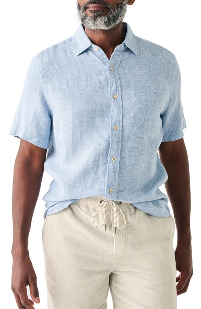 Shop Faherty Laguna Short Sleeve Linen Button-up Shirt In Blue Basketweave