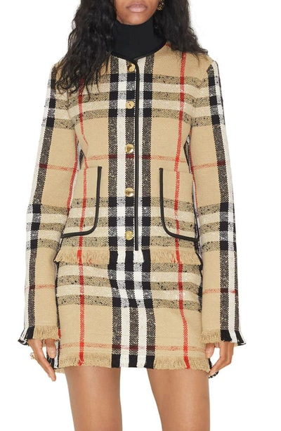 Shop Burberry Upney Check Collarless Tweed Jacket In Archive Beige Ip Chk