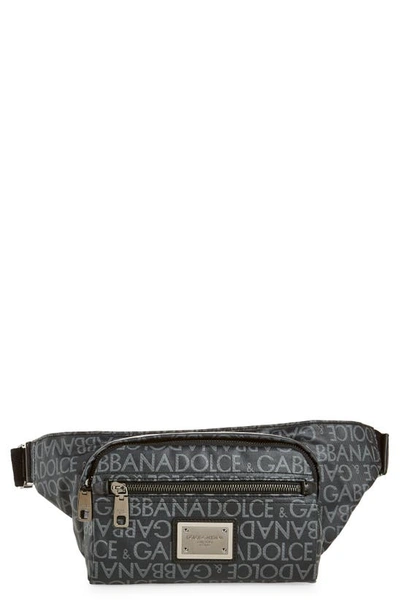 Shop Dolce & Gabbana Logo Print Canvas Belt Bag In Black/ Grey