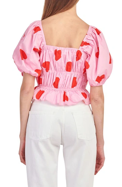 Shop English Factory Heart Shape Shirred Crop Blouse In Pink/red
