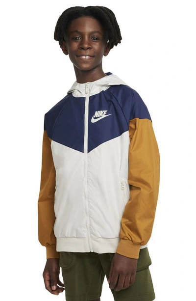 Shop Nike Windrunner Water Resistant Hooded Jacket In Bone/ Mid Navy/ Ochre