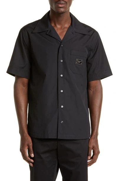 Shop Dolce & Gabbana Logo Hardware Short Sleeve Cotton Button-up Shirt In Black