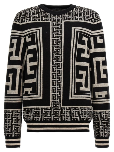 Shop Balmain Monogram Sweater, Cardigans White/black