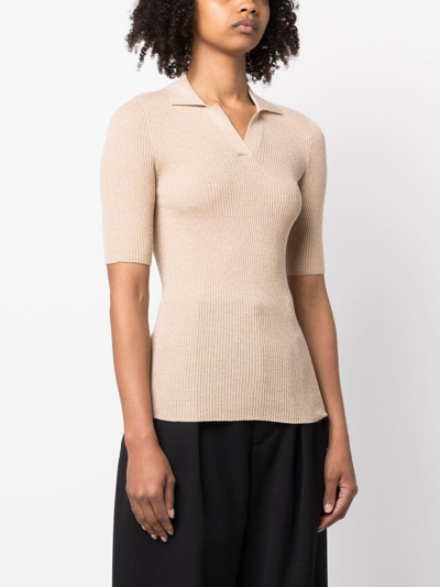 Fabiana Filippi Ribbed-knit Short-sleeved Polo Shirt In Neutrals