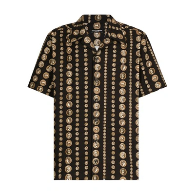Shop Dolce & Gabbana Hawaiian Stretch Shirt With Coin Print In Monete_fdo_nero
