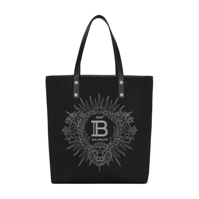 Shop Balmain Varsity Tote Bag In Monogram Canvas And Leather In Black