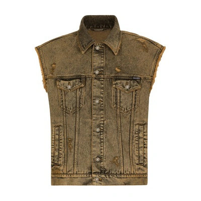 Shop Dolce & Gabbana Sleeveless Denim Jacket With Overdye In Combined_colour