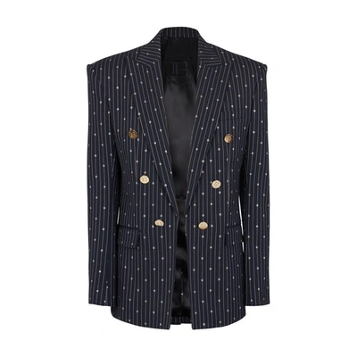 Shop Balmain 6-button Woolen Jacket With Monogrammed Stripes In Navy