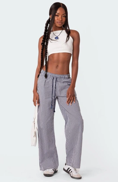 Edikted Seaside Stripe Wide Leg Drawstring Pants In Navy Mix