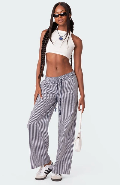 Edikted Seaside Stripe Wide Leg Drawstring Pants In Navy Mix