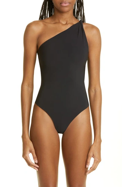Shop Totême Twist Strap One-shoulder One-piece Swimsuit In Black