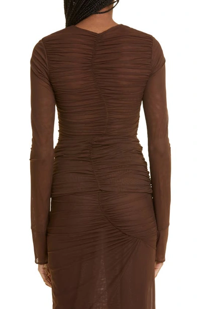 Shop Sir Jacques Ruched Long Sleeve Mesh Top In Chocolate