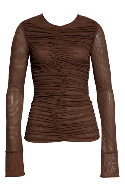 Shop Sir Jacques Ruched Long Sleeve Mesh Top In Chocolate
