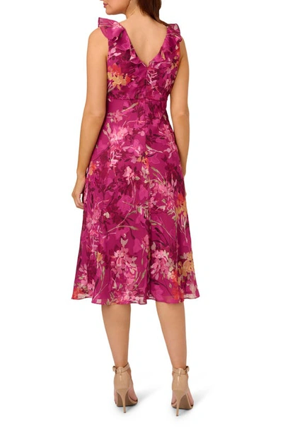 Adrianna Papell Floral Print Ruffle Metallic Dress In Raspberry Multi