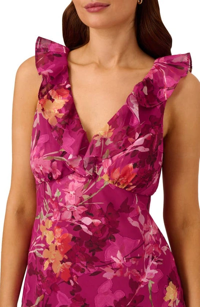 Adrianna Papell Floral Print Ruffle Metallic Dress In Raspberry Multi