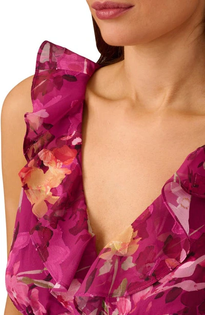 Adrianna Papell Floral Print Ruffle Metallic Dress In Raspberry Multi