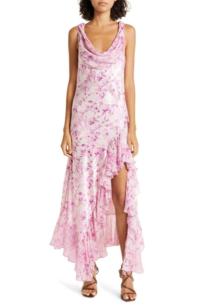 Shop Cinq À Sept Raya Floral Print Cowl Neck Silk Maxi Dress In Vibrant Plum Multi