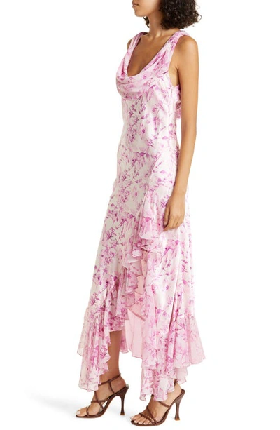 Shop Cinq À Sept Raya Floral Print Cowl Neck Silk Maxi Dress In Vibrant Plum Multi