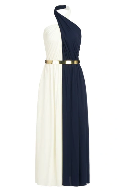 Shop Halston Sondra Colorblock Jersey Halter Dress In Chalk/ Navy