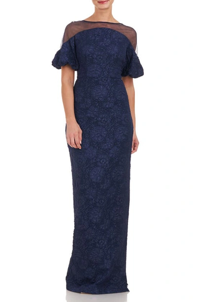 Shop Js Collections Janessa Floral Mesh Column Gown In Navy