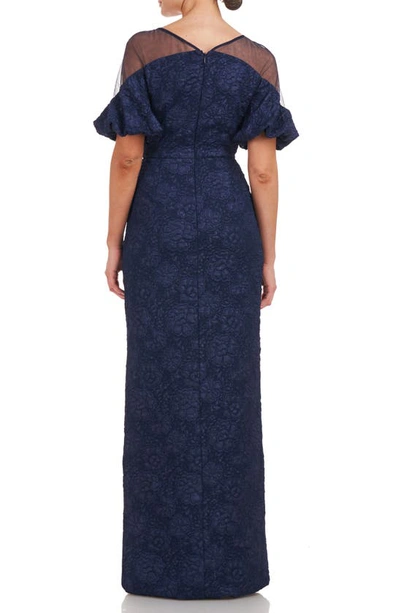 Js Collections Janessa Floral Mesh Column Gown In Navy