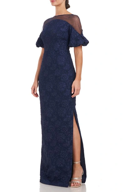 Js Collections Janessa Floral Mesh Column Gown In Navy